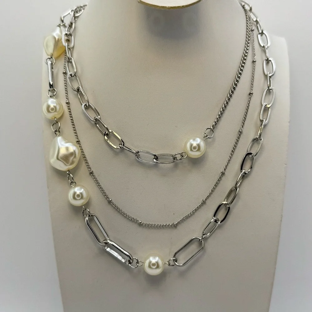 Layered Faux Pearl Chain Necklace Silver Modern Multi Chain Statement Necklace